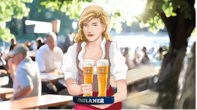 Woman serving Paulaner beer outdoors by Thomas Andrae
