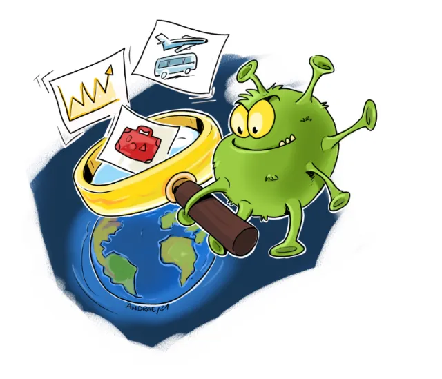 Green virus with magnifying glass examining Earth and charts