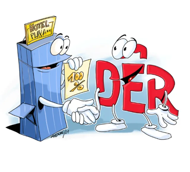 Cartoon hotel building shaking hands with discount character by Thomas Andrae