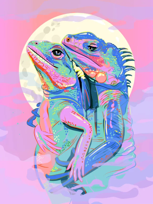 Colorful digital illustration of two iguanas embracing in front of a full moon by Mallory Heyer