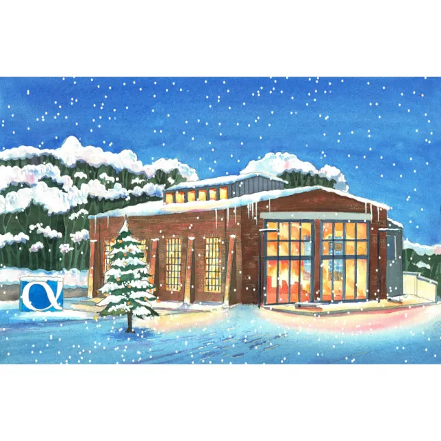 Snow-covered architecture office glowing warmly at night by Liam O'Farrell