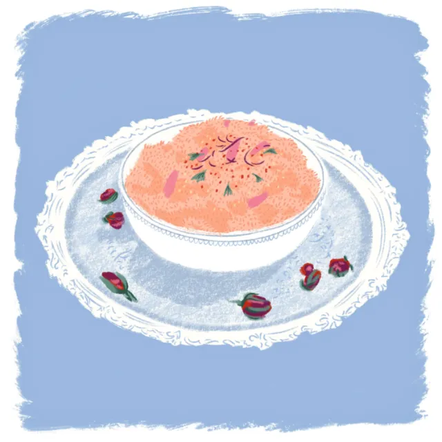 Bowl of orange fruit salad on decorative plate with rose petals