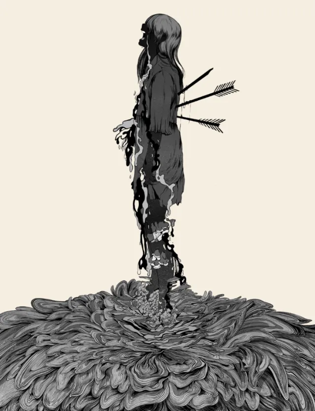 Silhouette of a person pierced by arrows standing on textured ground