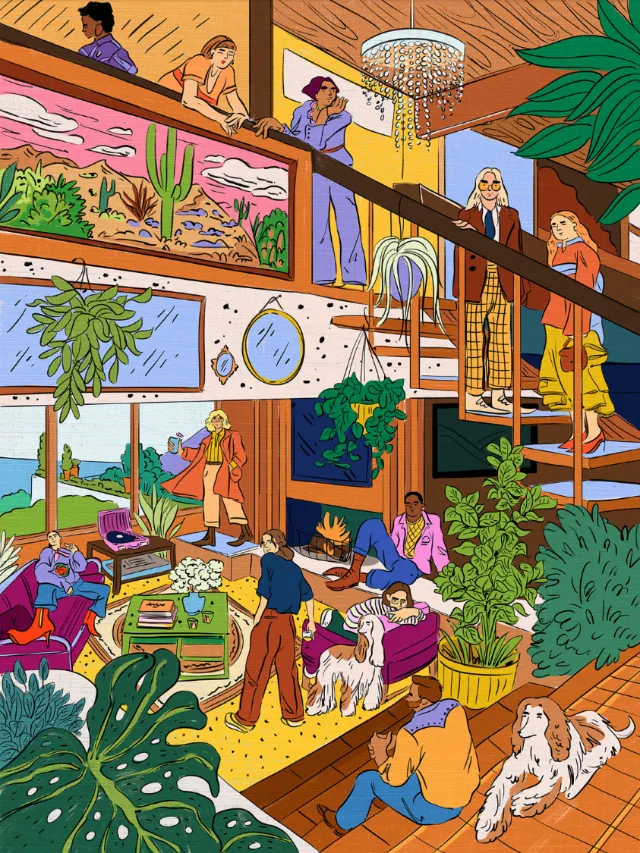 Indoor gathering with people, plants, stairs, and two dogs in a home