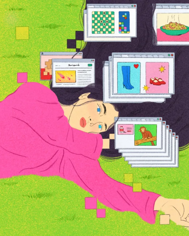 Person resting on grass with various digital screens open around them
