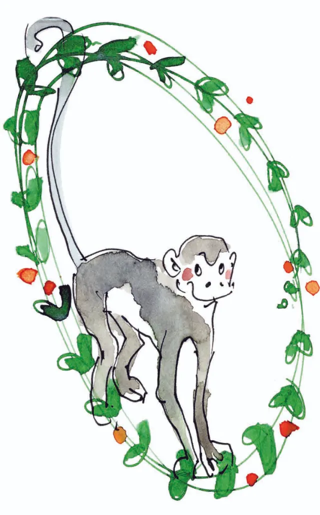 Playful monkey with leafy vine frame and small red flowers