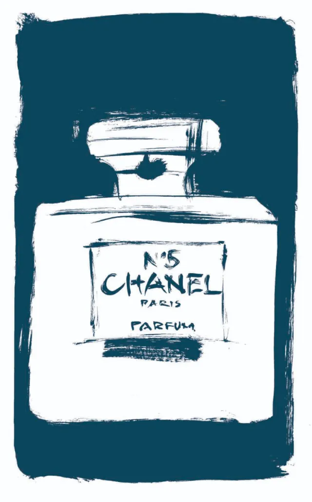 Chanel No. 5 perfume bottle illustration in blue and white
