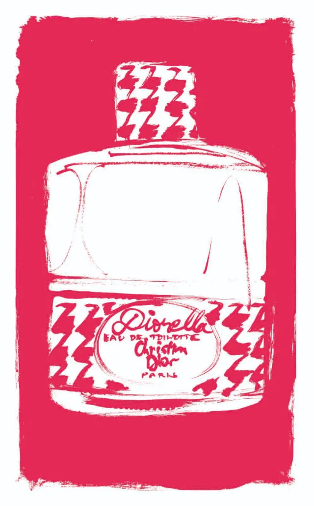 Dior perfume bottle illustration with pink and white design