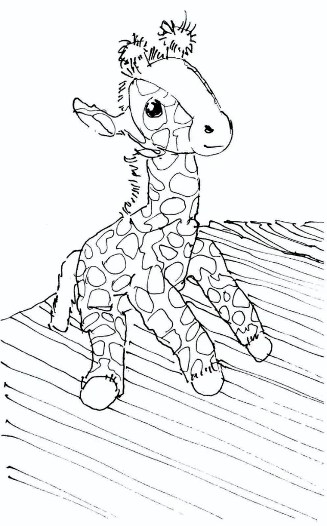 Sketch of a giraffe plush toy sitting with big eyes on wooden floor