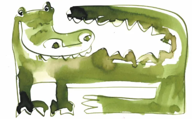 Watercolor painting of a green crocodile with a playful smile