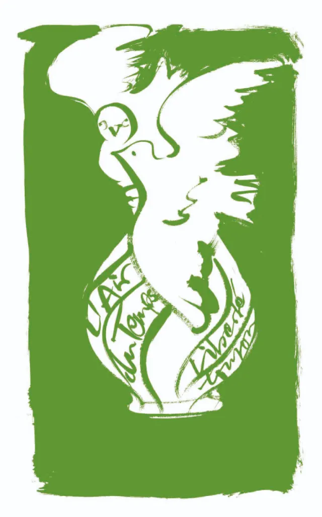 White dove holding a ribbon on green background illustration.