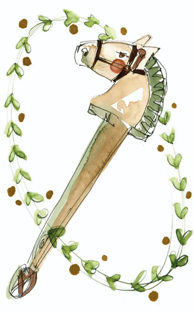 Watercolor hobby horse with leafy vine and acorns around it