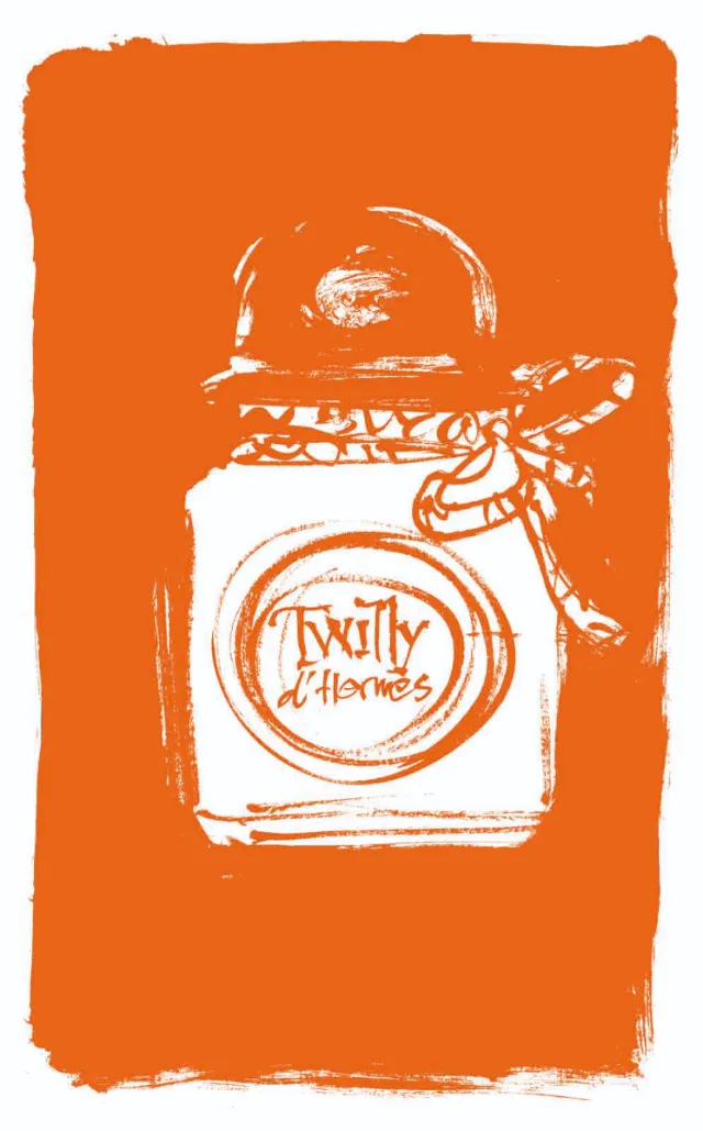 White sketch of Twilty d'Hermes perfume bottle on orange background