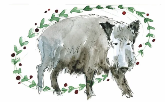 Watercolor painting of a wild boar with green leaves and red berries wreath