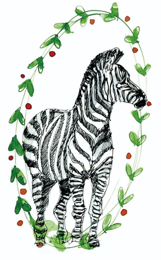 Illustration of a zebra with green vine and red berries