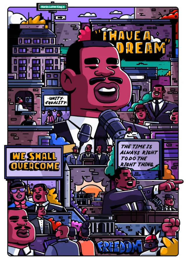 Illustration of Martin Luther King Jr. with civil rights messages