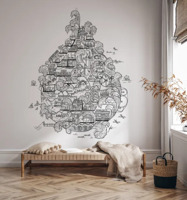 Black and white detailed cityscape and nature mural on white wall