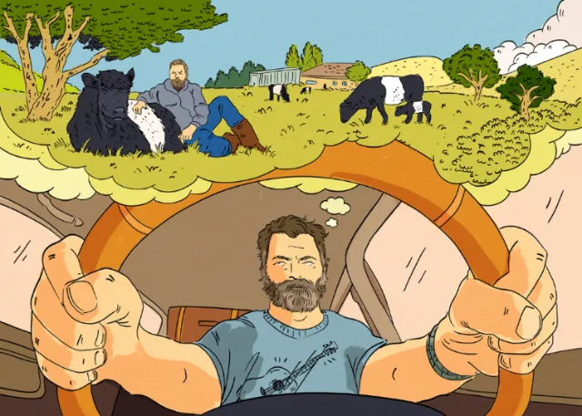 Man driving car imagining cows on a green countryside landscape