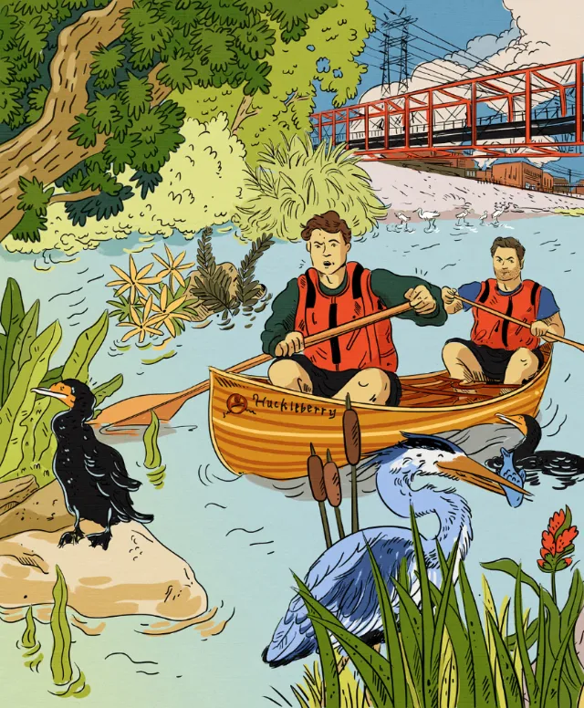 Two people paddling canoe on river near birds and bridge