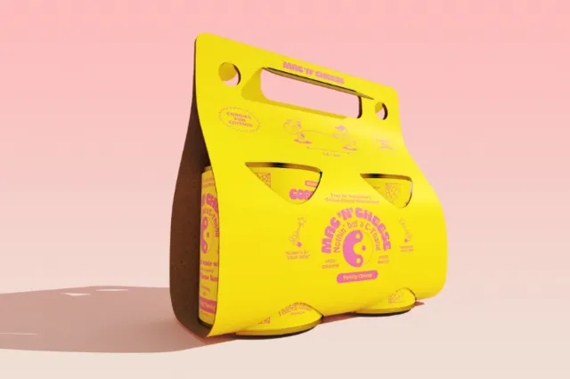 Yellow retro bag with pink and orange graphics on a pink background