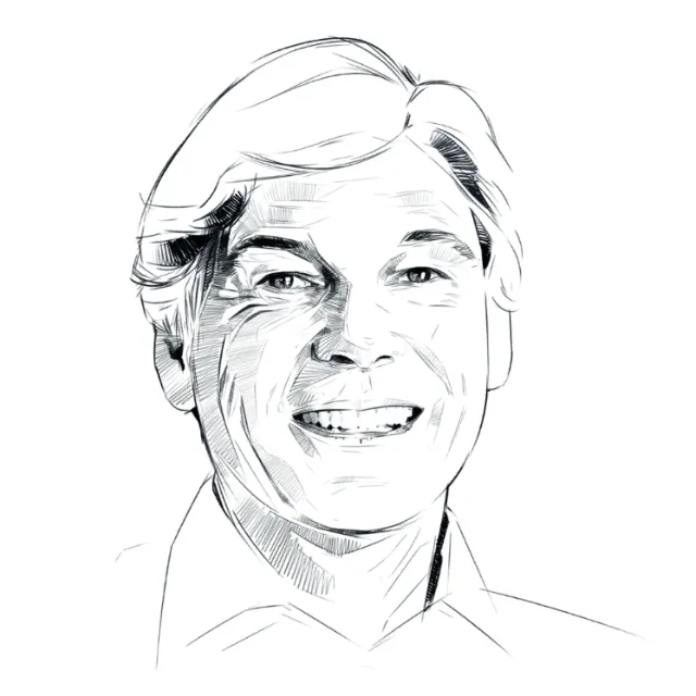 Sketch portrait of a smiling man with neatly combed hair