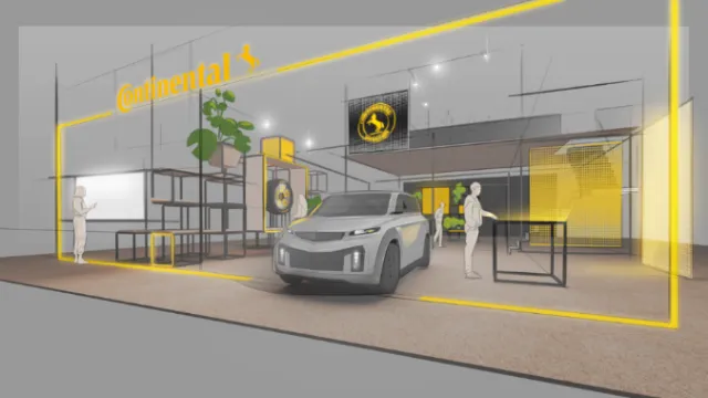 Electric car displayed in a sleek, futuristic showroom with people