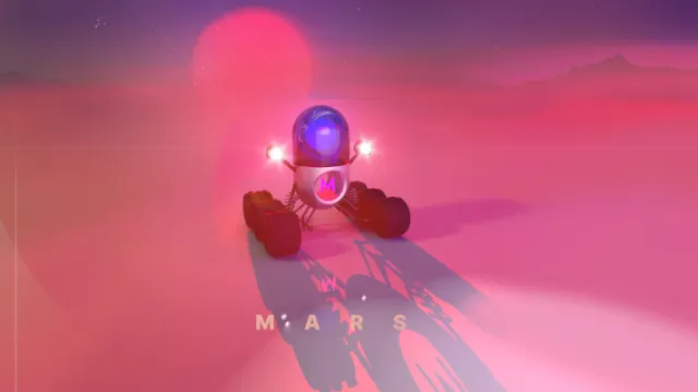 Mars rover with glowing blue light exploring red planet terrain