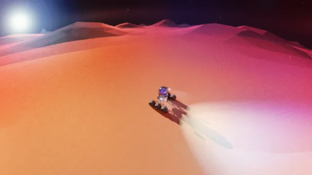 Astronaut exploring red sand dunes under bright sunlight