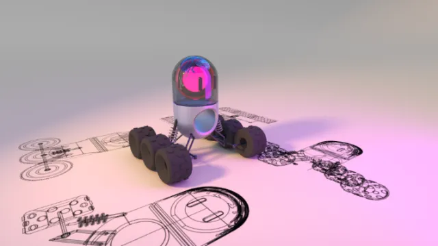 Futuristic rover robot on technical blueprints with purple and yellow lighting