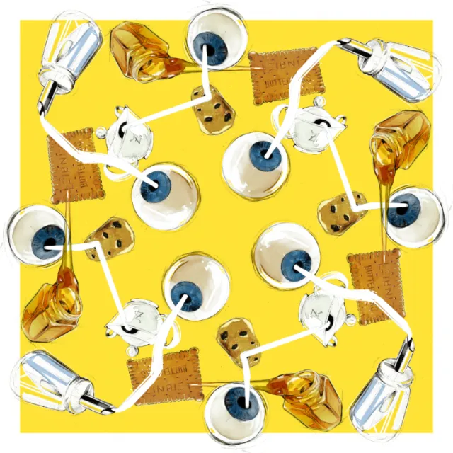 White coffee cups with dark coffee, glass bottles, cookies, and cloth napkins on yellow surface