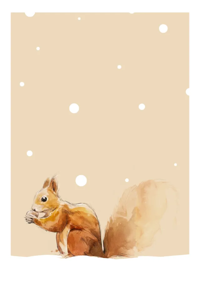 Watercolor squirrel eating with a beige snowy background