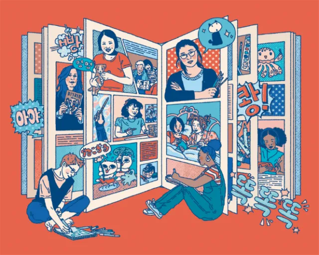 Colorful mural of women comic characters and artists in panels
