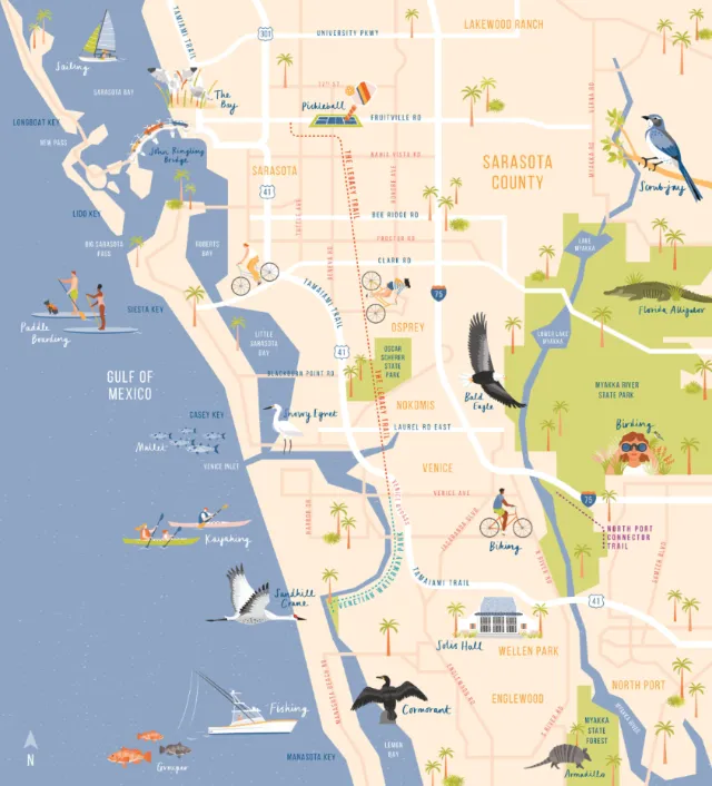 Colorful illustrated map of Sarasota County with landmarks and animals
