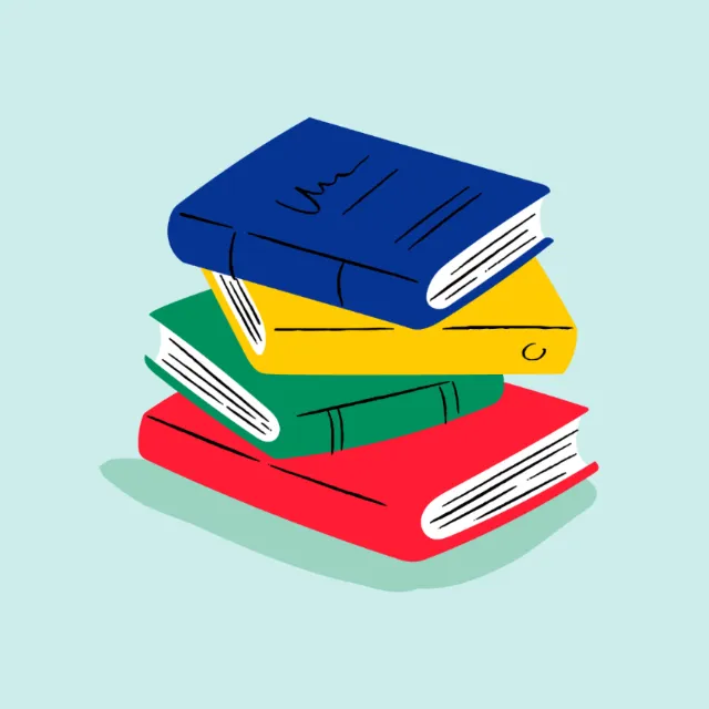Stack of colorful books with blue, yellow, green, and red covers