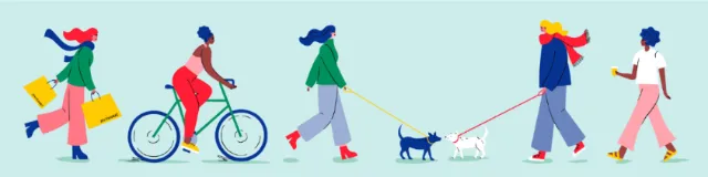 Illustration of people walking dogs and cycling outdoors by Kate Snell