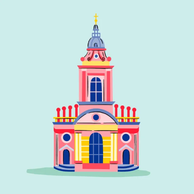 Illustration of a colorful church with a tall steeple and arched windows