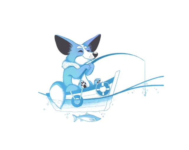Blue dog fishing from a small boat by Luiza Laffitte