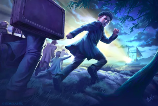 Boy running at night near water with suitcase and ship in background