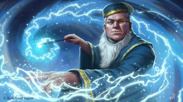 Wizard casting a glowing magical spell with swirling blue light