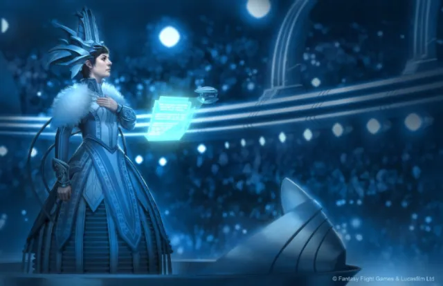 Regal woman in blue gown with feathered headpiece reading holographic scroll