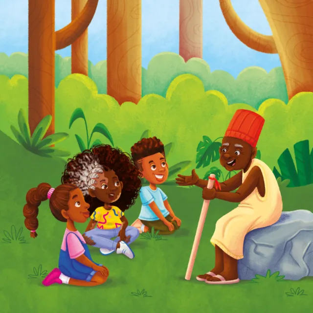 Elderly man shares stories with three children sitting on grass