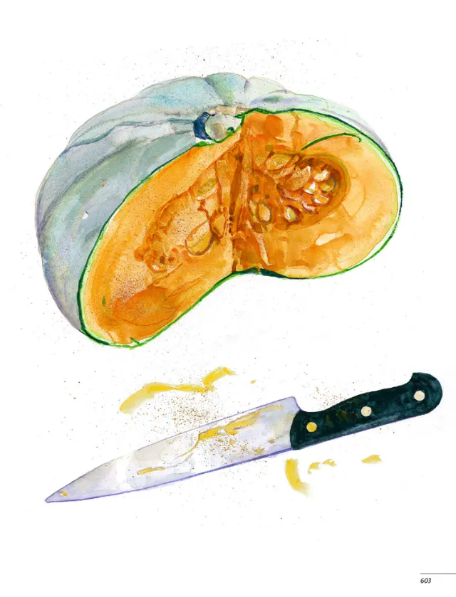 Halved green pumpkin with seeds and kitchen knife on white background
