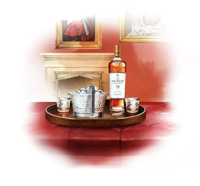 Bottle of whiskey with ice bucket and glasses on a tray indoors