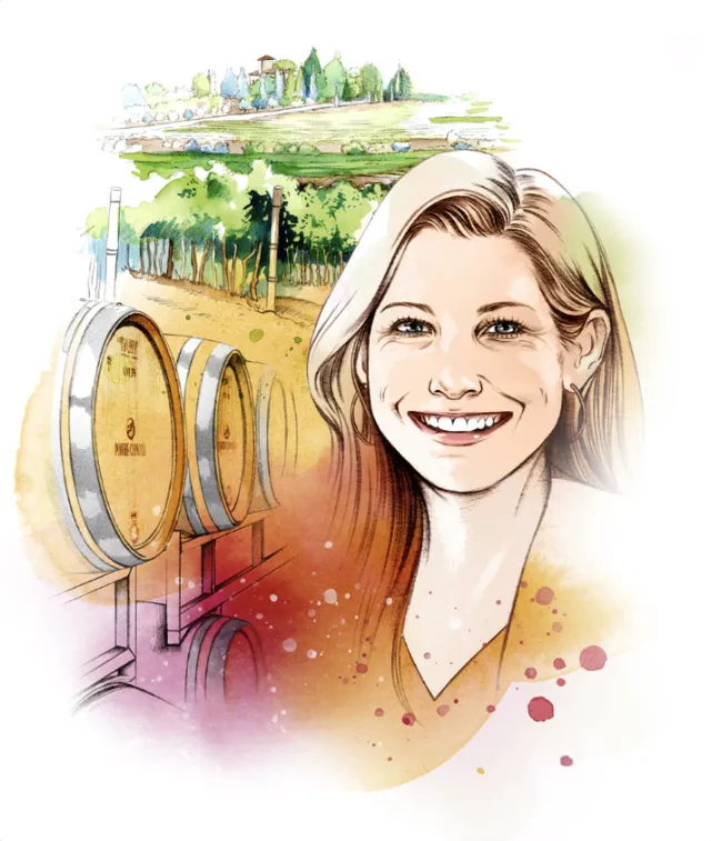 Smiling woman with wine barrels and vineyard scenery