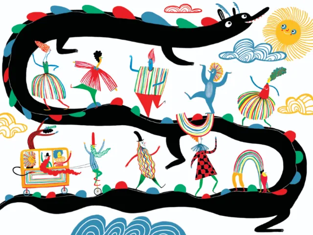 Whimsical colorful drawing with a long black snake and dancing figures.