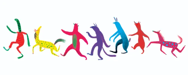 Brightly colored whimsical animals dancing in a row with unique patterns