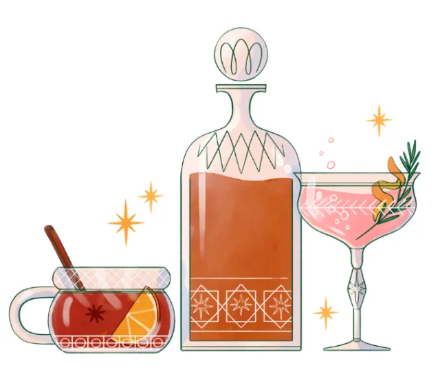 Illustration featuring cocktail bottle, glass with garnish, and cup of hot tea