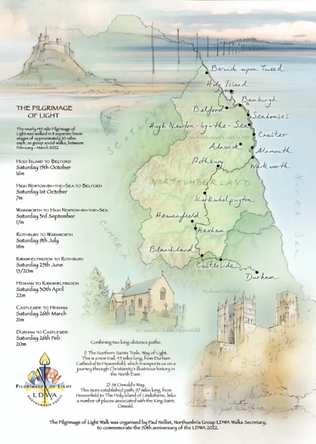 Illustrated map of the Pilgrimage of Light walking route in Northumbria