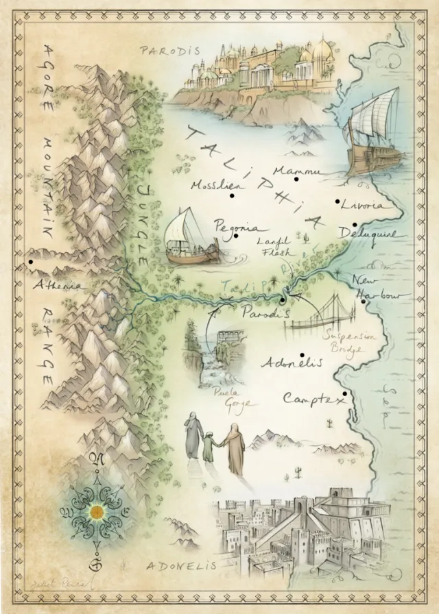 Hand-drawn fantasy map with mountains, ships, towns, and compass rose