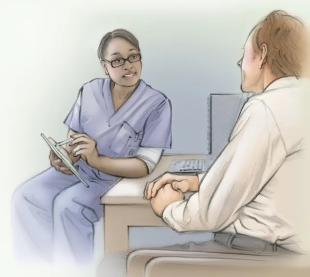 Medical professional consulting patient with tablet, by Juliet Percival